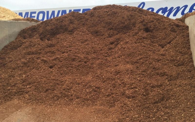 Finely aged hemlock bark mulch with a smooth, rich color